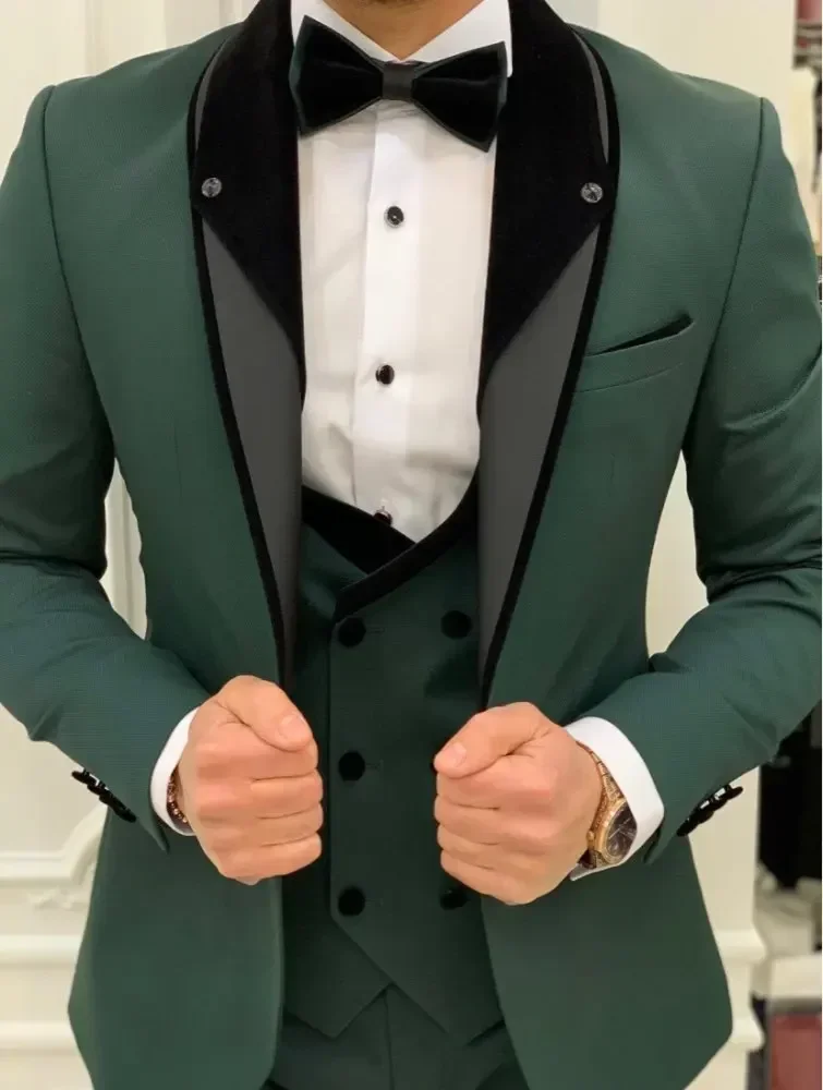 Tailored Green Splicing Shawl Collar Men'S 3Pcs Jacket Pants Vest Blazer Trousers Men Wedding Clothing Costume Homme Men'S Sets