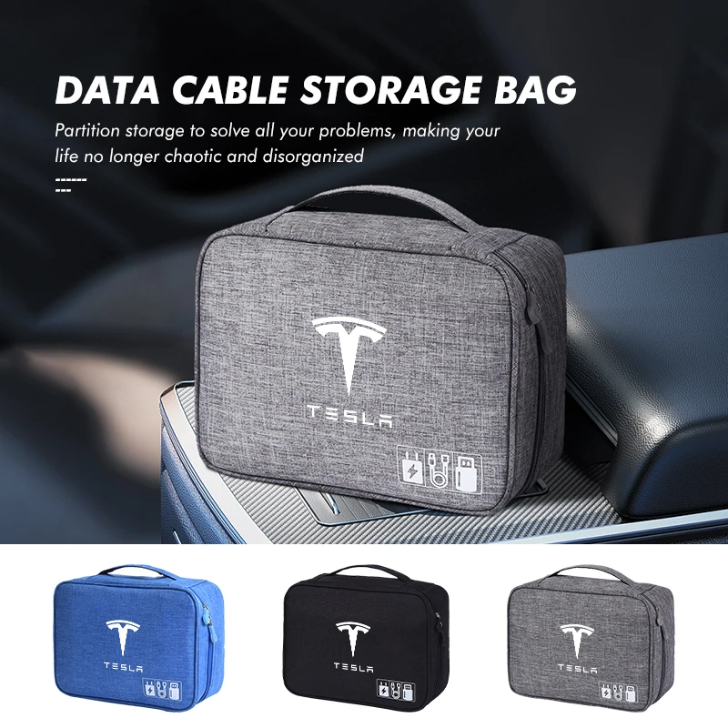 Car Data Cable Storage Bag USB Hard Disk Charger Organizer For Tesla Model 3 Y S X Roadster Bonina Coil