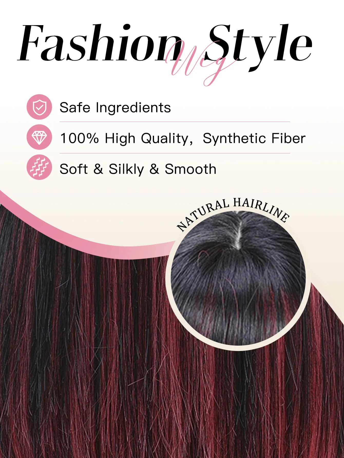 Schwarze Highlight-Rosa-Synthetik-Perücke mit Pony, lange gerade schwarze Highlight-rote Perücke für Frauen, Cosplay, Party, Weihnachten, 66 cm – Detail 7