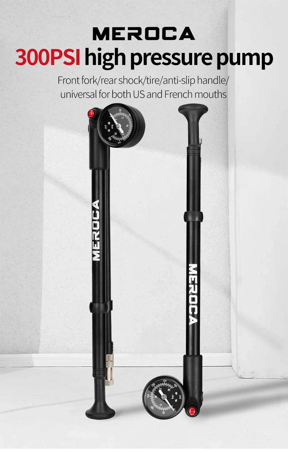 MEROCA Hochdruck-Stoßdämpferpumpe, tragbare Fahrradgabel- und Hinterrad-Stoßdämpfer-Luftpumpe 300 PSI – Detail 2