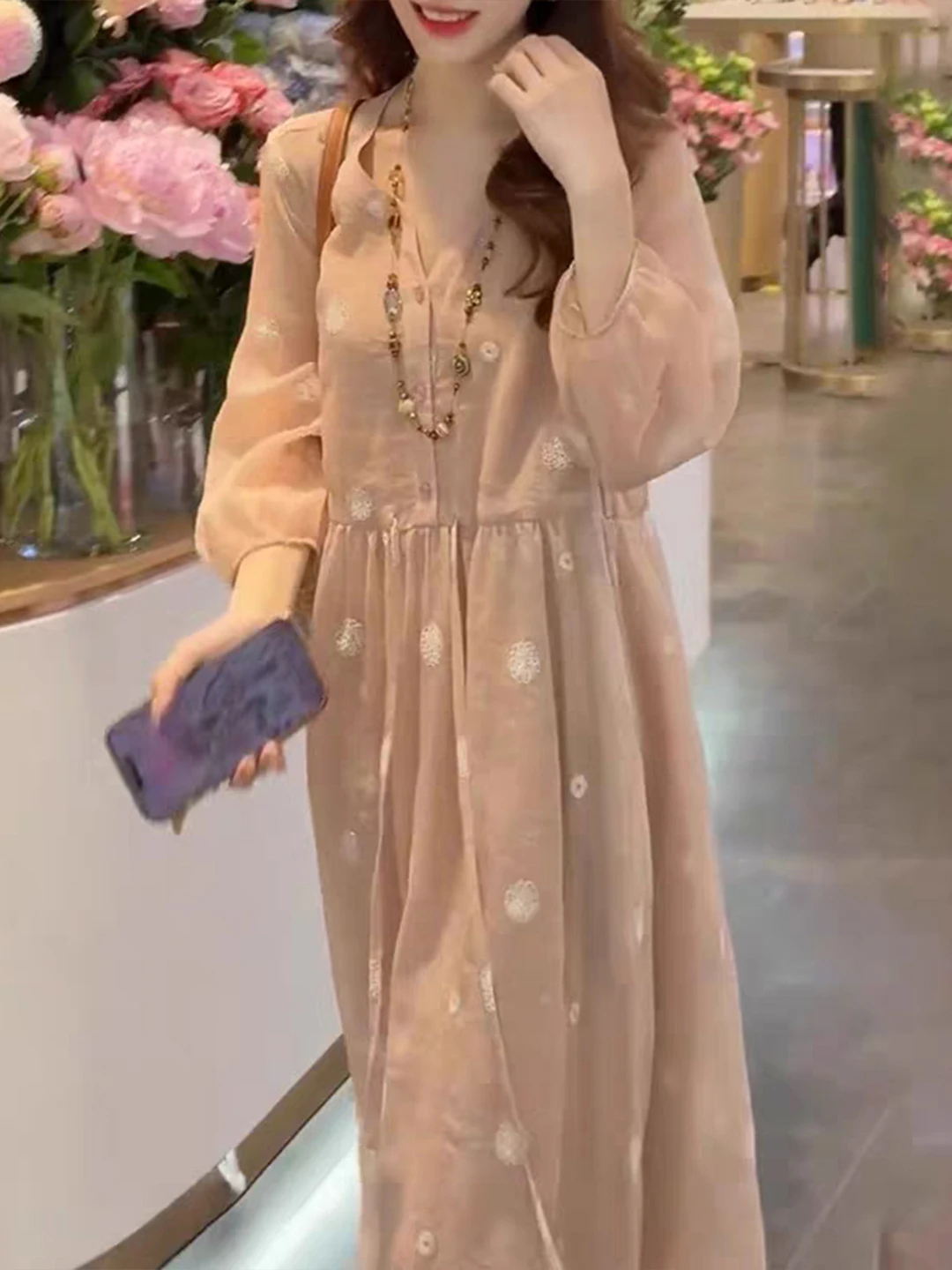 Ele bestickte Heavywork Lantern Sve Dr Damen Sommer schlankmachendes A-Linien-Midi-Dr mit Dstring und V-Ne