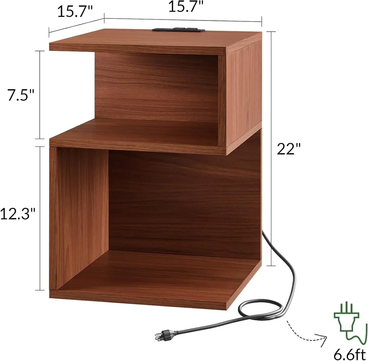 

S Flip Minimalist 3 Tier End Table with Fast Charging Station - USB C Cable Wood Nightstand for Small Spaces