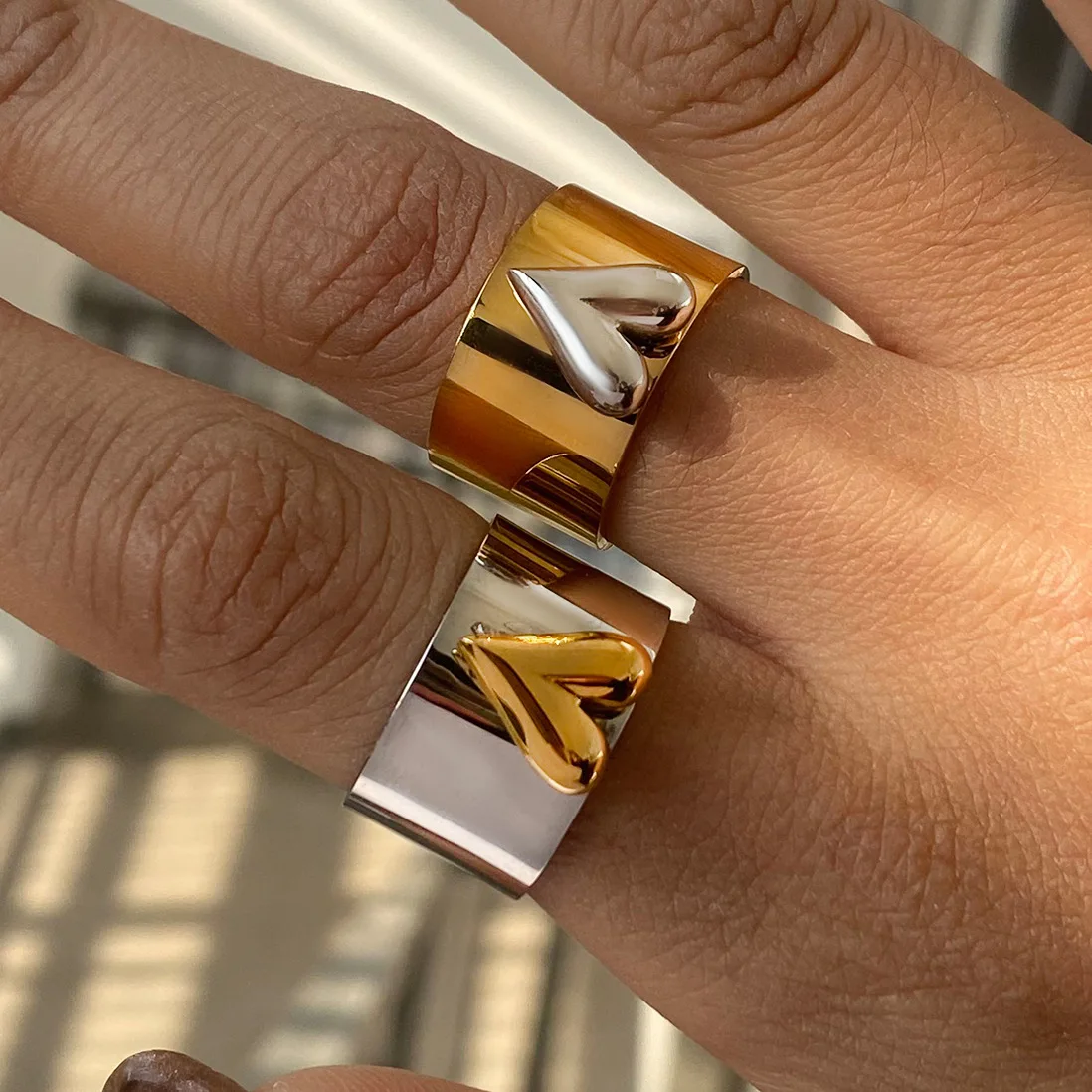 

YHTOT Fashionable 18K Gold Color Plated Stainless Steel Double Color Heart Ring Stackable Ladies Jewelry Bague Stainless Steel