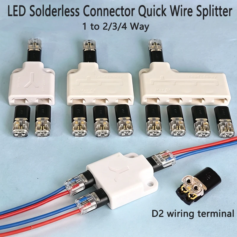 Conector LED sem solda, divisor de fio rápido 1 para 2/3/4 vias com terminal de fiação D2, tipo plug-in de linha dupla para fita de LED