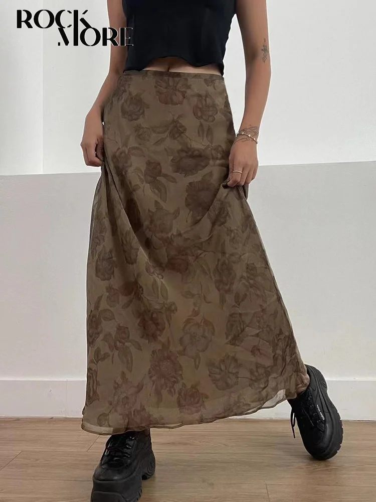 Rockmore Vintage Mesh Floral Print Midi Skirt Y2K Aesthetic Harajuku Casual Grunge Fairycore Straight Long Skirt for Women 2025