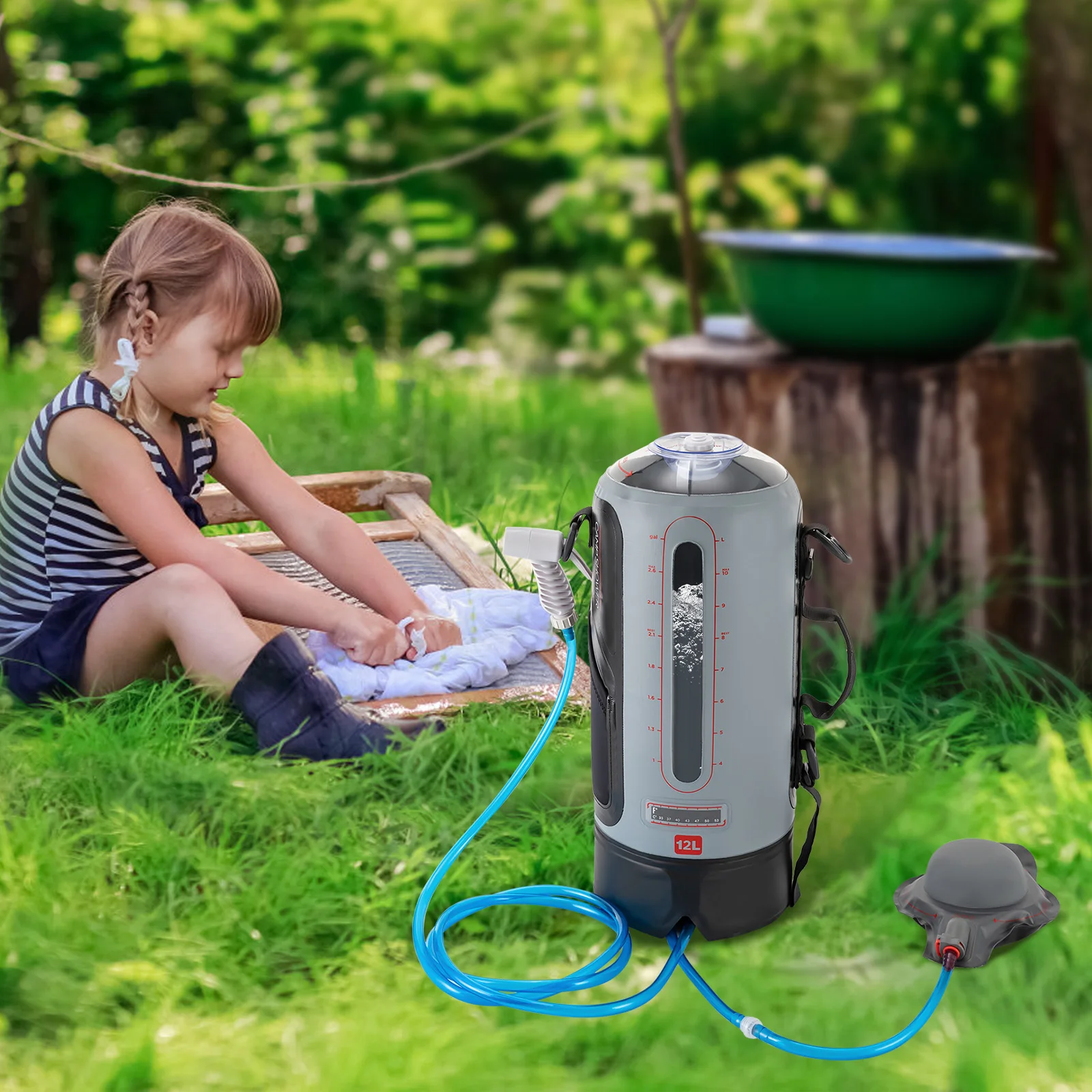 دش مخيم الضغط المحمول سعة 12 لترًا، مع حقيبة تخزين، مادة PVC المقاومة للماء، تسخين الطاقة الشمسية، للاستحمام في الهواء الطلق، والتخييم