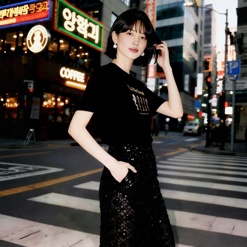 

Весенняя серебряная броня, модная уличная стильная европейская станция, океанский бегемот, женская футболка с короткими рукавами и принтом, милая и крутая