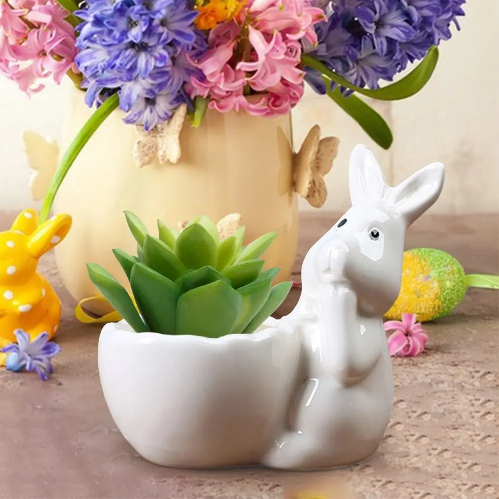 Multifunction Ceramic Easter Rabbit Succulent Pots Holder Egg Tray Thumb Flower Pots Cartoon Rabbit Shape Egg Cup Small Plants