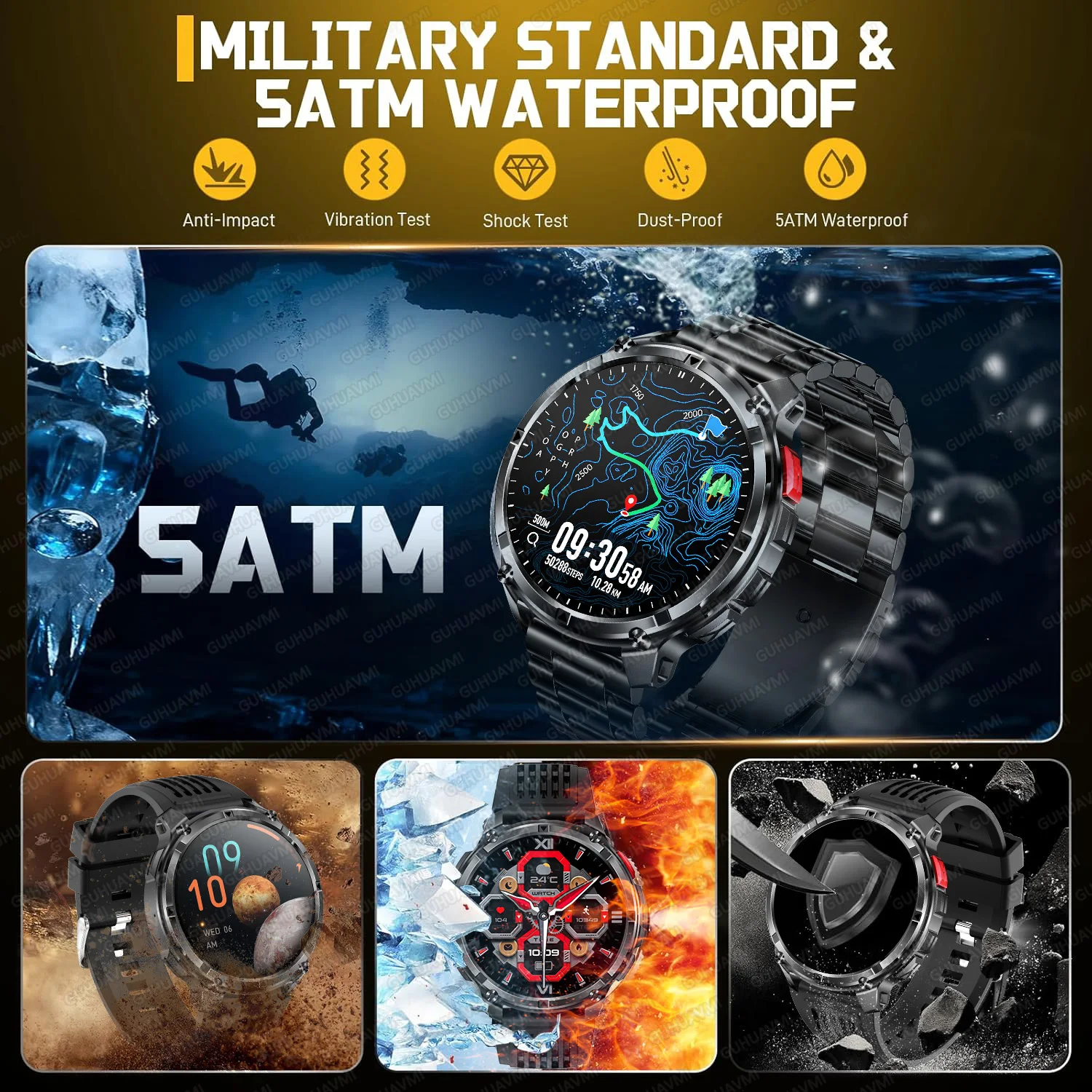 Nowy Zegarek Smartwatch Męski Outdoor z Dużą Baterią 1100mAh, Wojskowy GPS, Kompas, Pomiar Tętna, Wodoodporność 5ATM, Połączenia Bluetooth, Smartwatch dla Dorosłych
