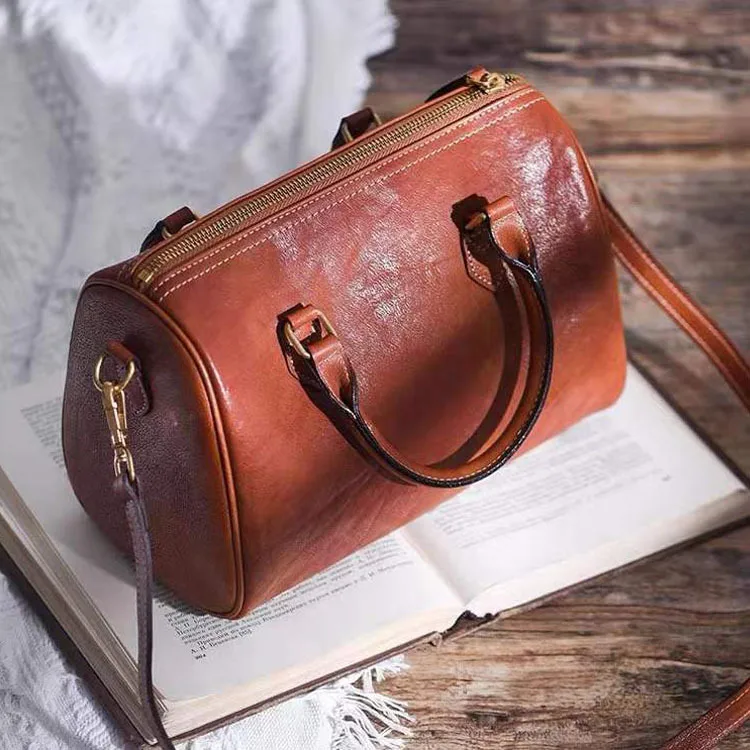 2024 Luxury Brand Top Layer Cowhide Vintage Boston Tote Pillow Bag Leather Shoulder Crossbody Bag for Women