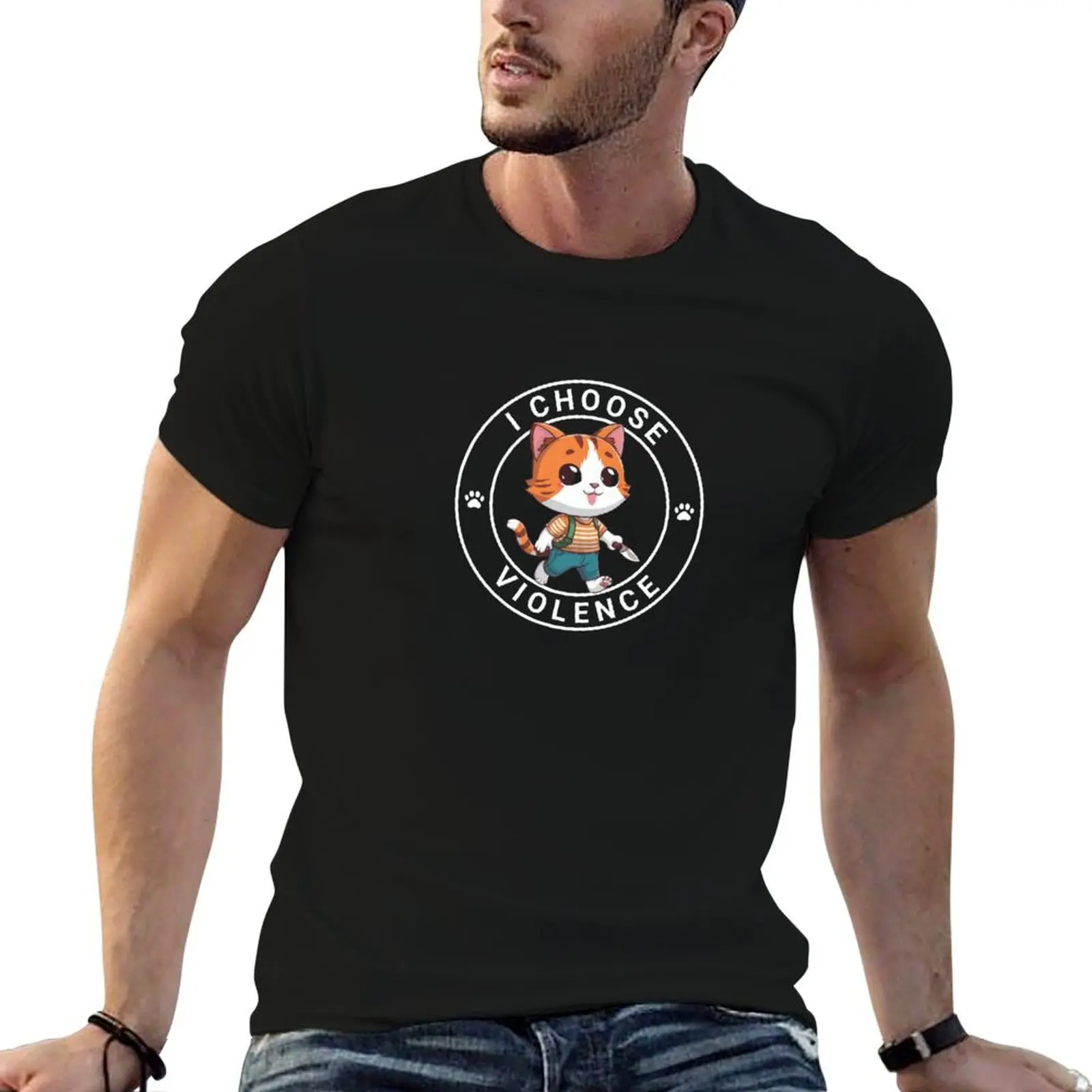 Cute Cat Walking with sentence I Choose Violence Funny T-Shirt Summer Print Short Sleeve Tee