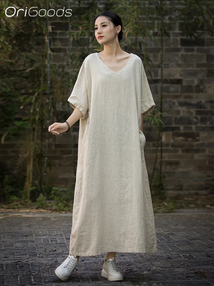 OriGoods Solid Beige Black Dress Women Ramie Cotton Oversized Summer Long Dress Vintage Simple Korean style 2024 New Dress B240