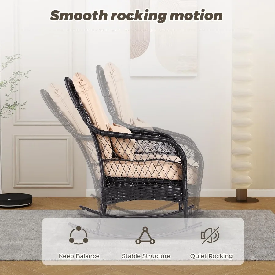 3 pçs ao ar livre cadeira de balanço de vime conjuntos de móveis pátio rattan cadeiras de balanço com 2 cadeiras de rattan almofadas mesa lateral superior de vidro