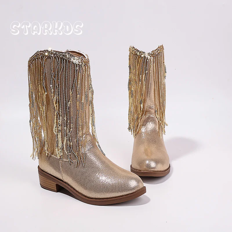 Sequins Fringe Gold Silver Cowboy Boots Kid Girl Knee High Western Booties Child Low Heel Round Toe Warm Plush Botas