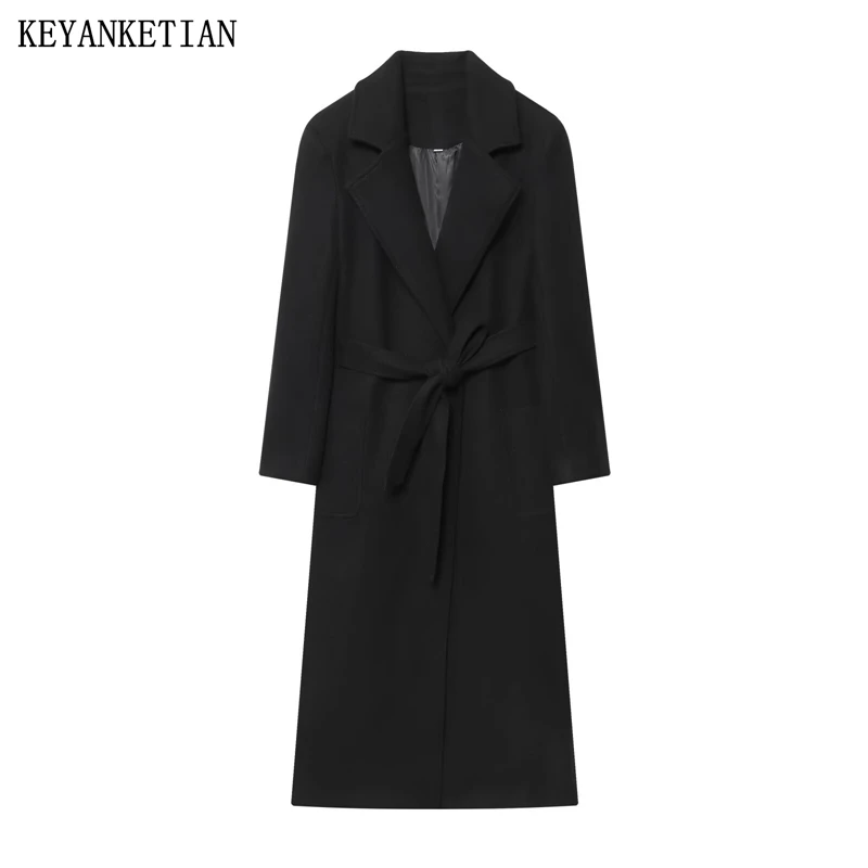 KEYANKETIAN الخريف والشتاء جديد المرأة البدلة طوق التعادل معطف طويل من الصوف المرأة يندبروف معطف طويل #1