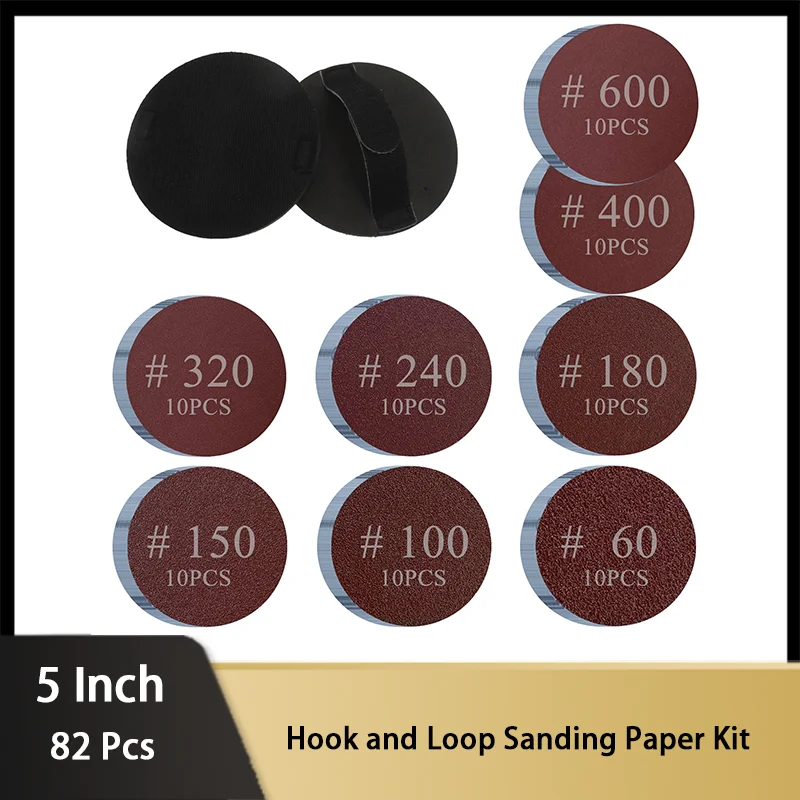 5 Inch 125 MM Hook and Loop Sanding Paper Kit 82 Pcs with Hand Sanding Foam Sanding Blocks for Grinding Wood Metal