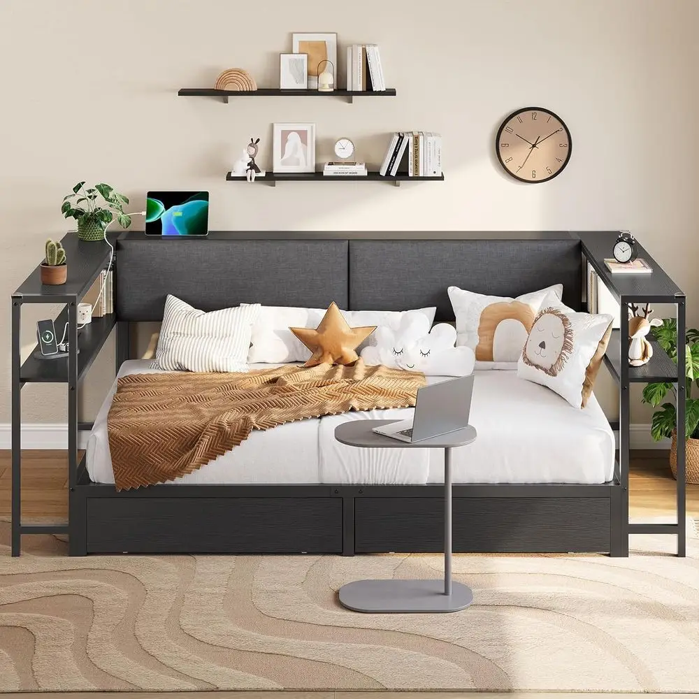 Twin Bed Frame with Storage and Charging Station, Upholstered Daybed with Backrest and Hidden Storage, Metal Platform Bed Frame