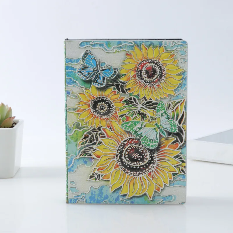 CHEN LIN Creative Retro 3D Sunflower Relief A6 Notebook Journal Embossed Writing Notebook Leather Cover Student Travel Diary