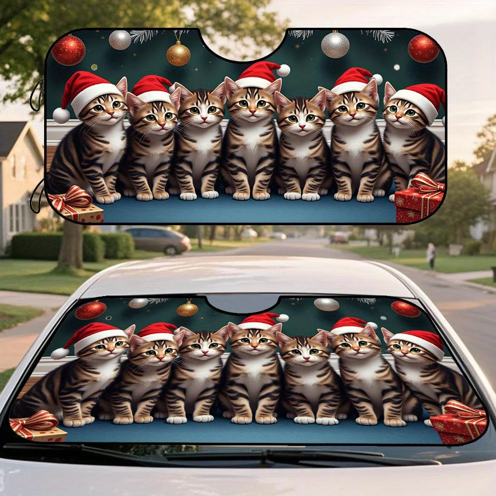 1pc Festive Christmas Cat Car Sunshade - Foldable, Durable Polyester, Front Windshield Protector With Cute Kitten & Santa Hat De