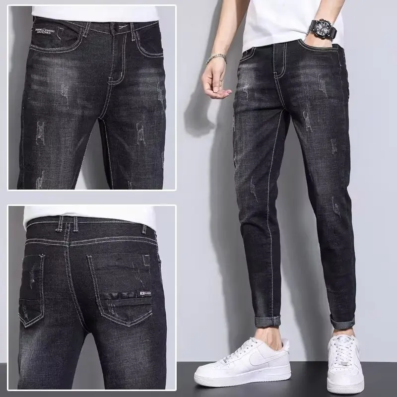 جينز رجالي موضة ربيع وخريف 2025 ممزق بقصة ضيقة سروال قصير ضيق الساق يومي غير رسمي يسمح بمرور الهواء ملابس الشارع الشهير