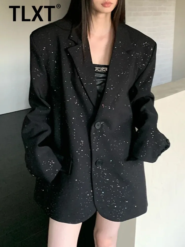 

TLXT модный женский черный блейзер с блестками и лацканами, большой размер, с подкладкой на плечах, одинарный кошелек, пиджак, новинка осени 202, XK1505