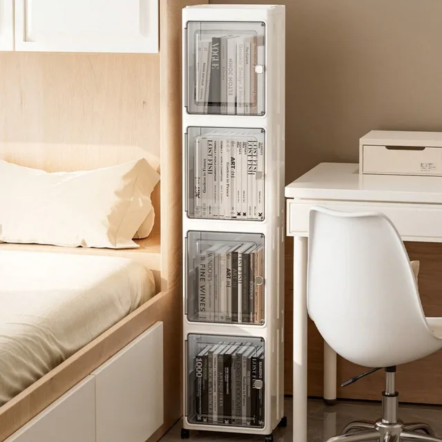 5‑Tier Slim Fold‑Up Storage Cabinet with Universal Rolling Wheels, Narrow Gap Transparent Door Plastic Organizer, Stackable Dust‑Proof Side Cabinet for Fridge Gap, Kitchen, Bathroom, Bedroom Snacks Toiletries Clothes Storage 3