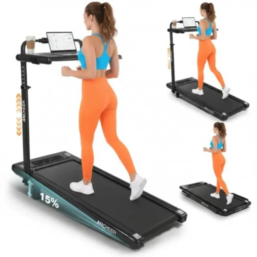 Home office walking pad treadmill: steel frame, black, ultra-quiet operation with 3.5HP motor, 15 incline, foldable design, 450