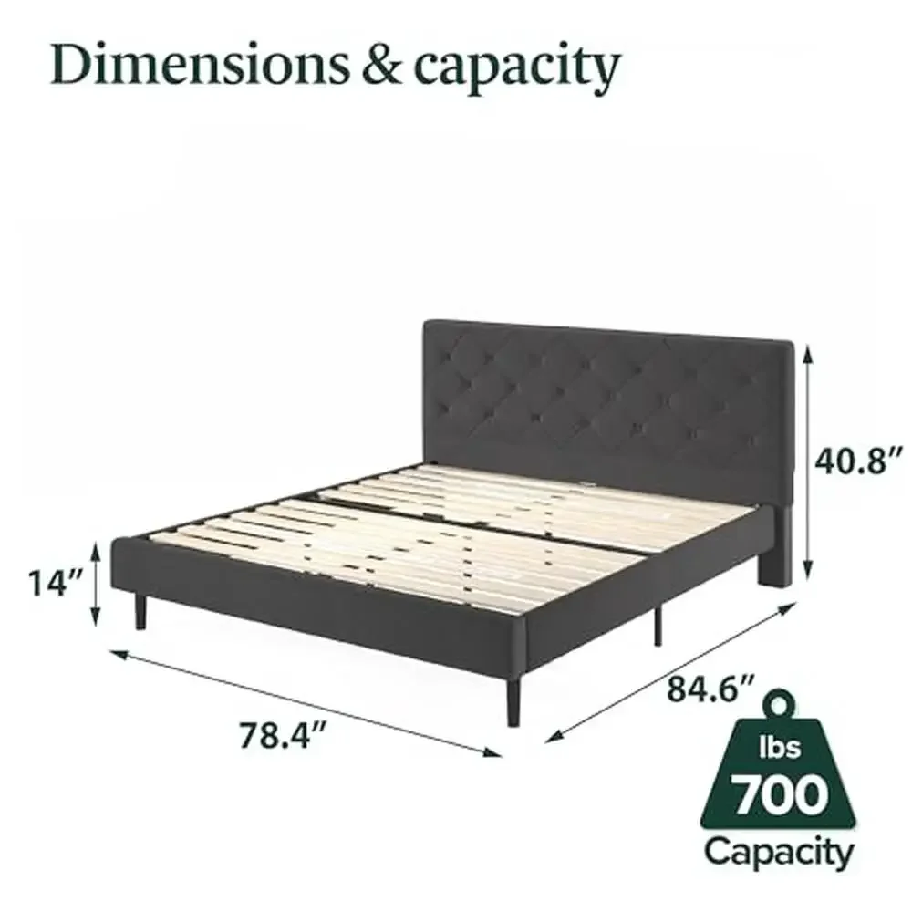 King Shalini Upholstered Platform Bed Frame with Headboard Steel Support New WonderBox(TM Version Slat No Box Spring Upholstery