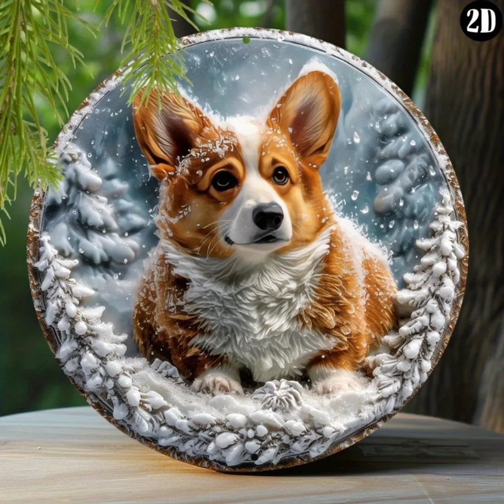 

1pc 8x8inch (20x20cm) Round Aluminum Sign, Metal Sign, Wall Decorative Poster, Dog Faux Ice Sculpture Round Wreath Sign
