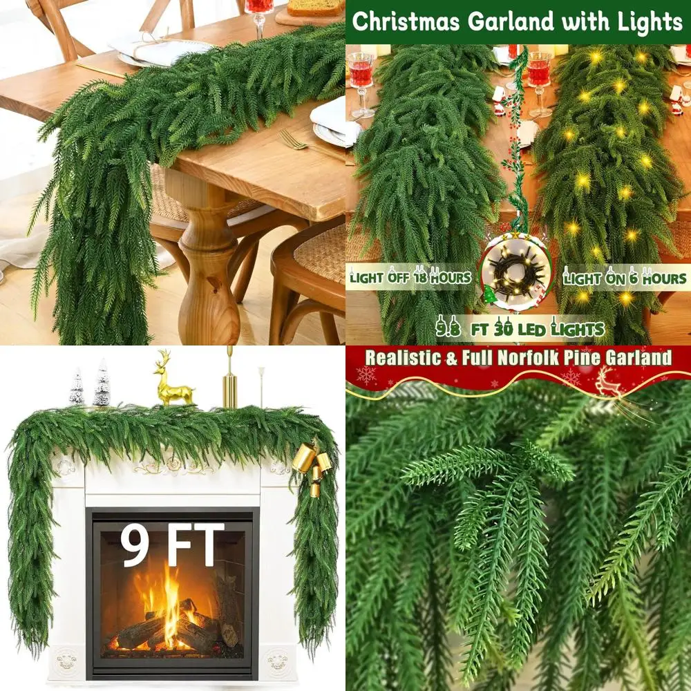 

9FT Real Touch Norfolk Pine & Faux Cedar Christmas Garlands with Lights for Indoor/Outdoor Holiday Decor