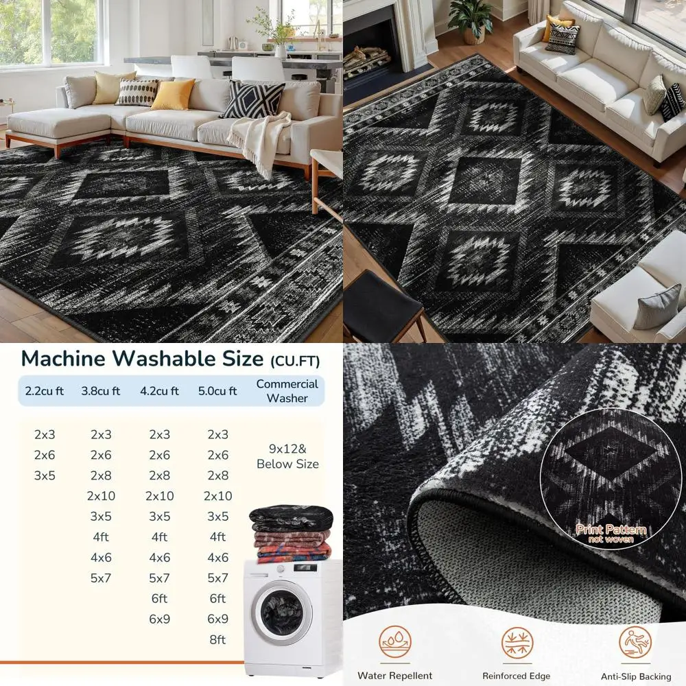 

9x12 Machine Washable Non-Slip Low Pile Western Print Area Rug - Black for Living Room, Bedroom, Entryway