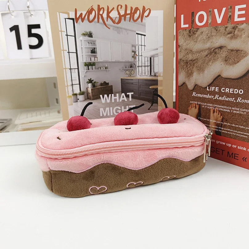 Plush Cherry Cake Pencil Case Kawaii Pencil Pouch Large Capacity Pen Storage Bags Student Pencilcase School Stationery Supplies