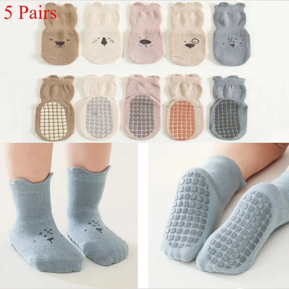 3/5 Pairs Baby Adorable Animals Pattern Non Slip Floor Socks, Breathable Casual Socks for Boys and Girls Kids Indoor Activities