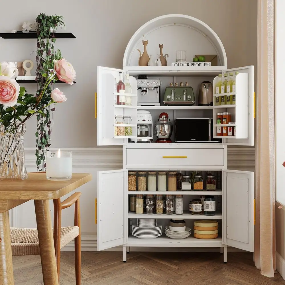 

Высокий кухонный шкаф-панильер 73 дюйма с арочными дверцами, регулируемыми полками, подходит для кухни или гостиной, белый