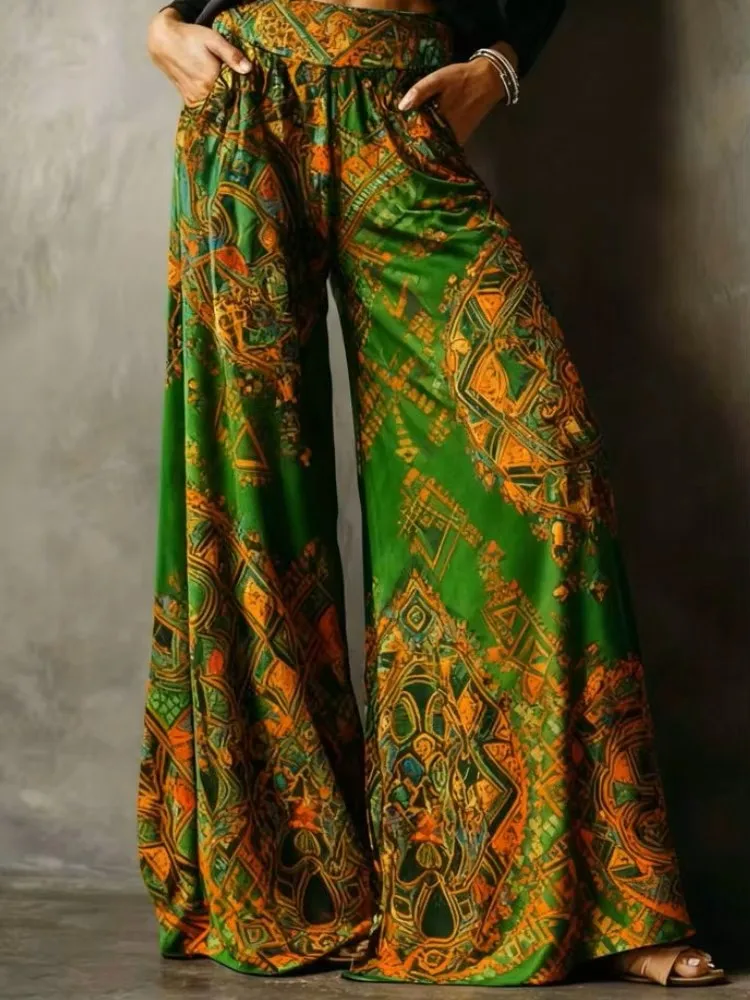 New Women's Velvet Wide-Leg Pants - High-Waisted, Soft, Elastic, Warm, and Shrink-Resistant. Green Retro Ethnic Geometric Print, Bohemian Style, Court Style Pants, Suitable for Casual Outings and Daily Wear in Autumn and Winter Seasons.