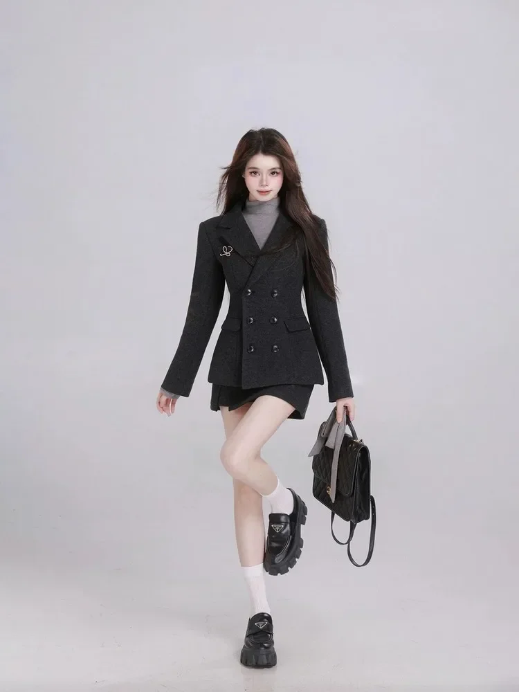 MiiiiX Office Lady Suits Notched Slim Waist Double Breasted Woolen Suit Jacket Short A-line Skirt Autumn Women's Two Piece Set