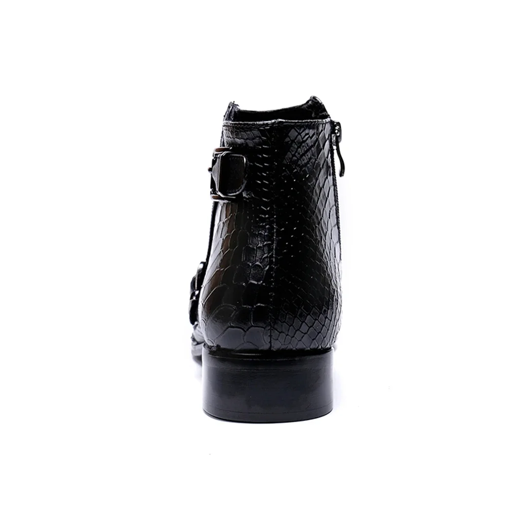 Black Patent Leather High Heels Buckle Zipper With Metal Bordered Pointed Toe Boots Male Plus Size Party Business Dress Shoes