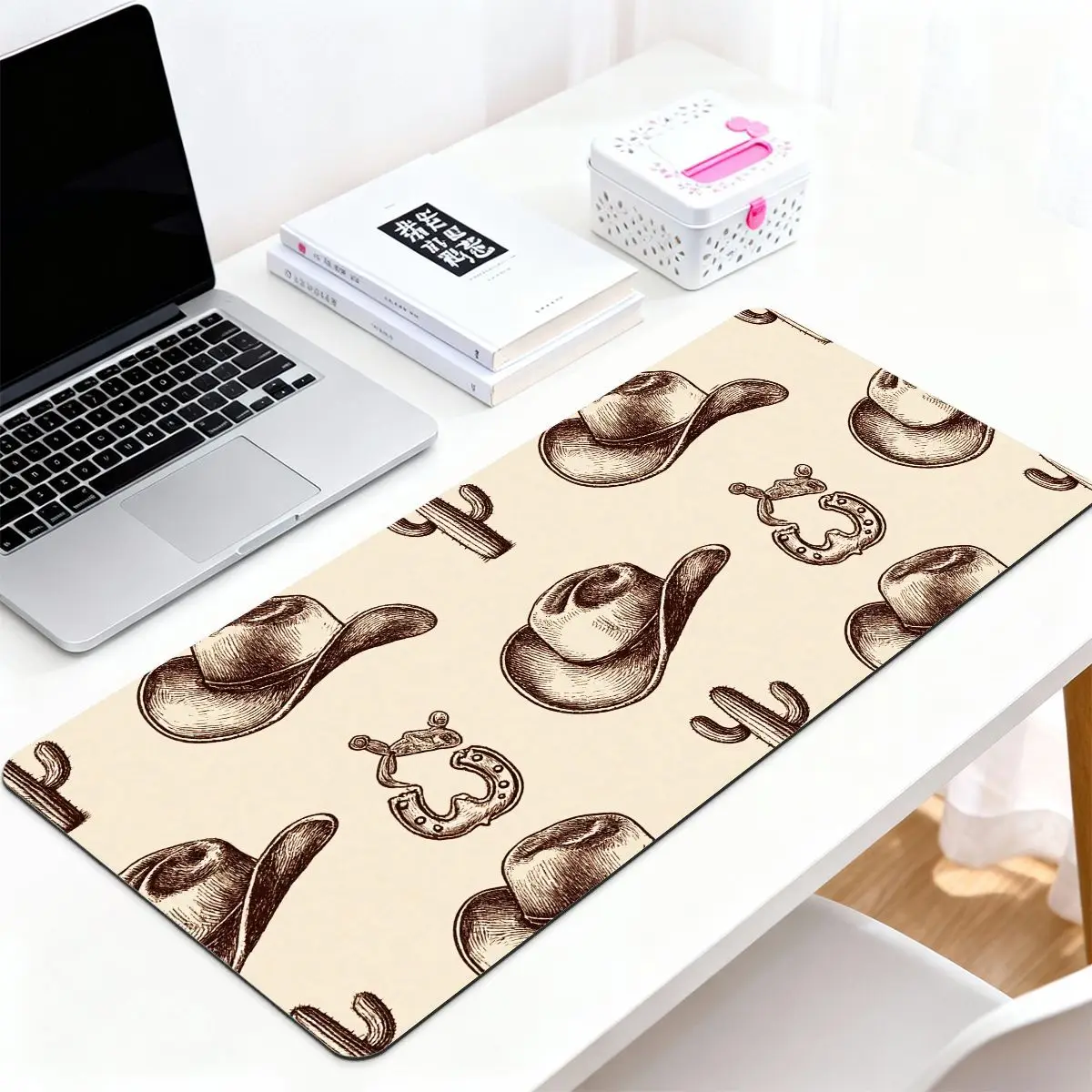 Western Cowboy Large Mouse Pad, Retro Cowboy Hat Horseshoe Cactus Print Non-Slip Rubber Desk Mat, HD Print Smooth Control,Dual-U