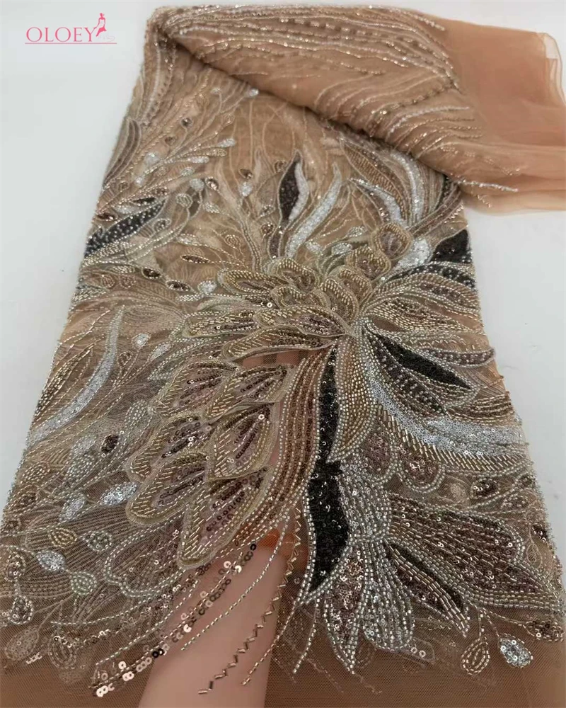 OLOEY  African Beaded Lace Fabric 2026 High Quality French Sequins Lace Fabric Wedding Nigerian Lace Fabrics Sewing 5 Yards