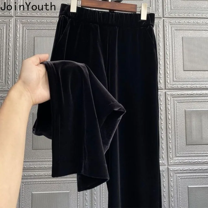 Calça de perna larga coreana feminina, cintura alta, calça túnica solta, fundo de veludo reto vintage, preto, novo, 2023