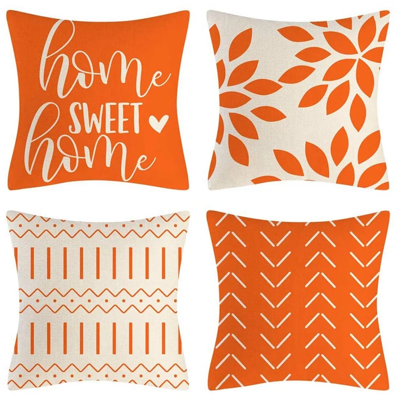 

Promotion! Orange Pillow Covers 18X18 Set Of 4 Home Decorative Throw Pillow Covers Outdoor Linen Couch Throw Pillow Case