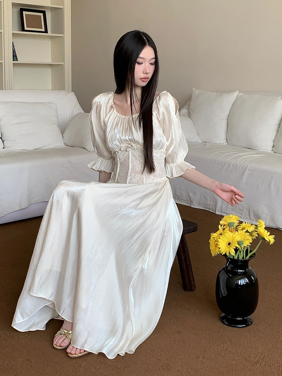 ReddaChic-vestido Medieval Retro de satén con Control de barriga para mujer, vestido largo con faja de encaje recortada y manga abombada brillante, ropa de verano de hadas