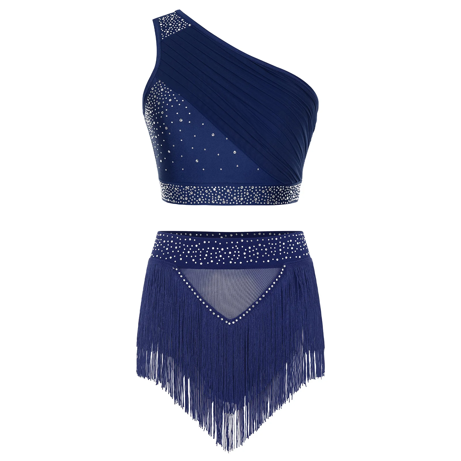 

Women Modern Lyrical Samba Rumba Dance Costume Outfit Skating Rhinestones Set One Shoulder Ruched Crop Top and Tassel Shorts
