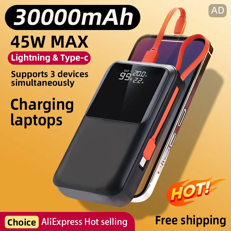 30000mAh Power Bank Portable External Battery Pack 45W Fast Charging 3 in 1 Fast Charging Powerbank For iPhone Samsung Huawei