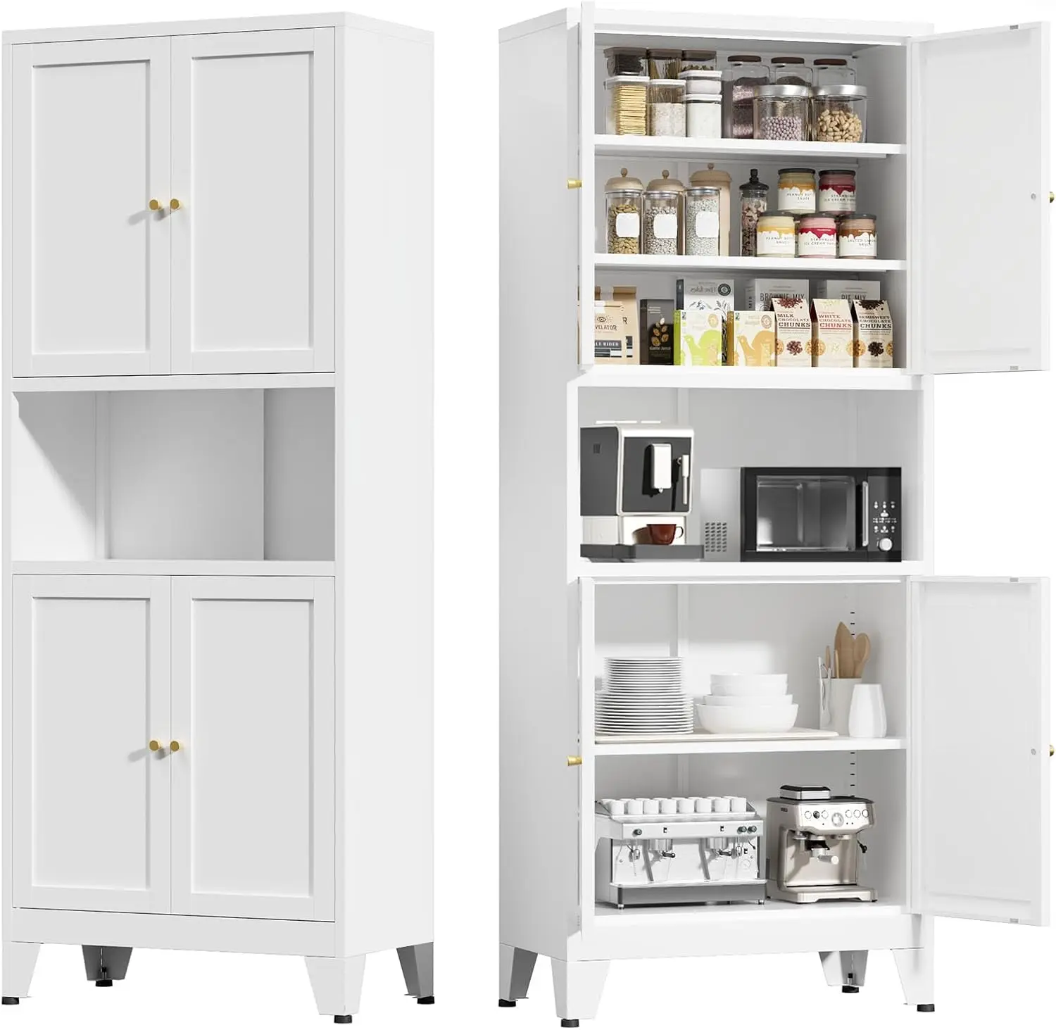 خزانة مطبخ معدنية، خزانة تخزين طويلة 69 مع 4 أبواب و3 أرفف قابلة للتعديل، خزائن قائمة بذاتها لتناول الطعام R