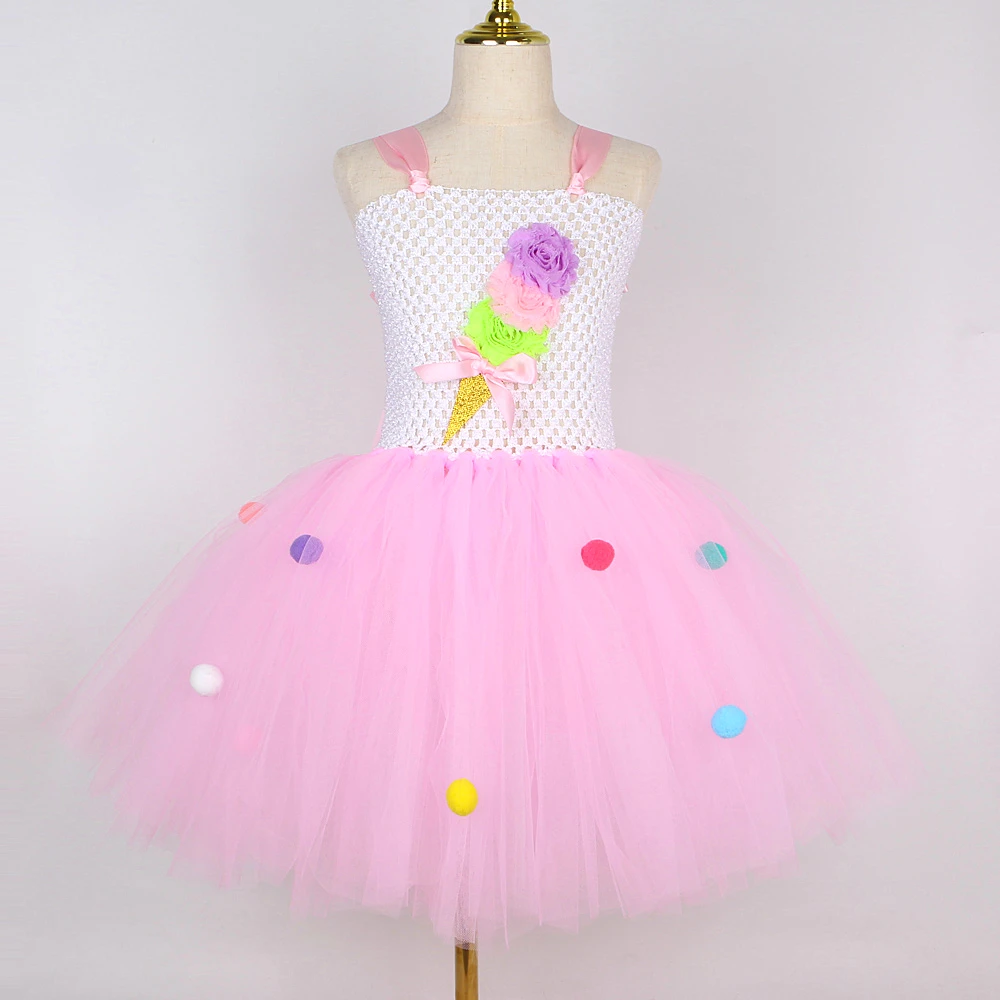 Pink Ice Cream Tutu Dress for Baby Girls Birthday Party Cake Smash Costumes Kids Candyland Outfit with Bow Child Sweet Clothes