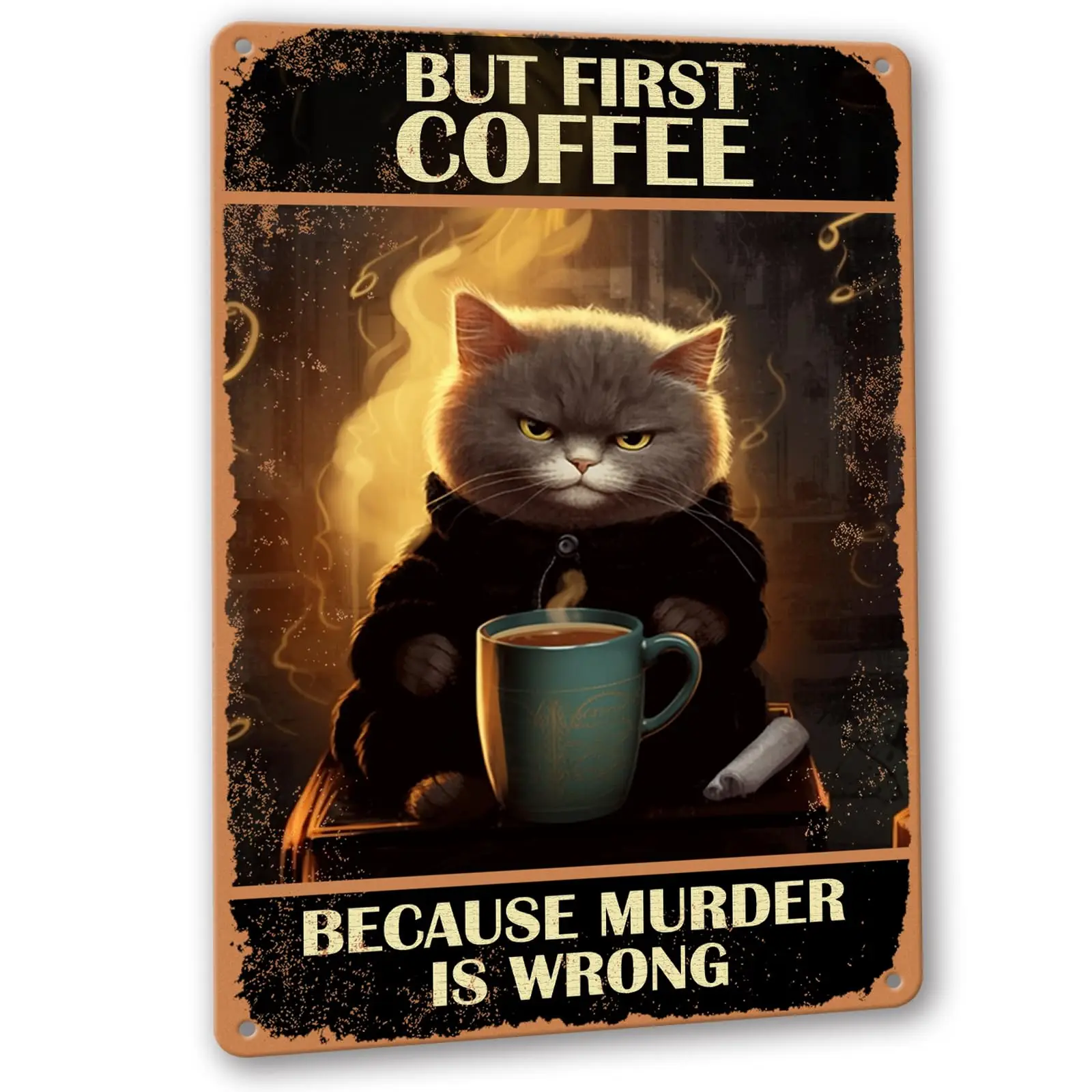 Retro Cat Coffee Bar Decor for Wall, Coffee Because Murder Is Wrong Metal Tin Sign for Kitchen Decor, Funny Cat Poster 8×12Inch