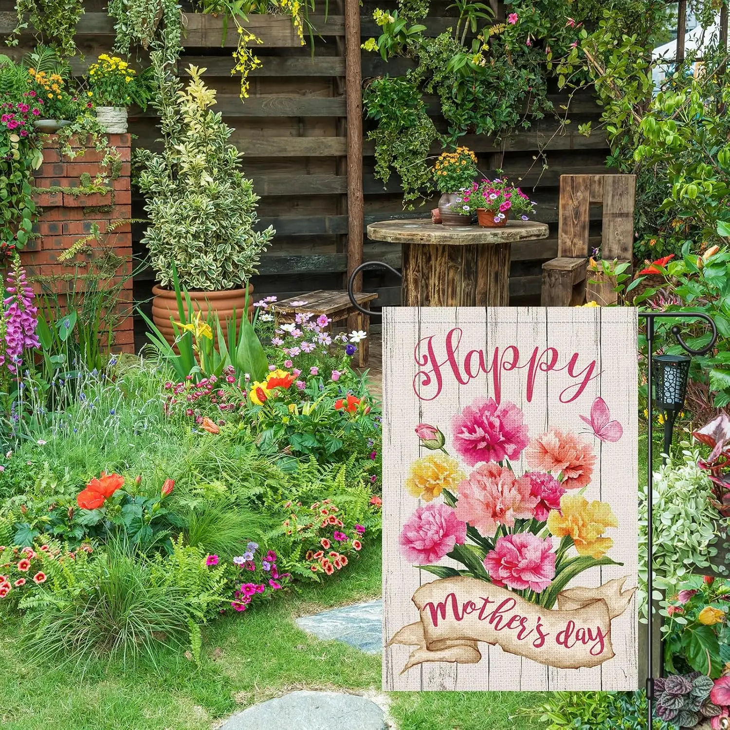 Happy Mothers Day Garden Flag Carnation Flowers Double Sided Burlap 12x18 inches For Porch Lawn Yard Outdoor and Home Decor PPZ