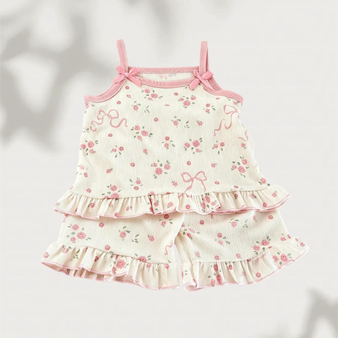 Summer Thin Girls Set Cartoon Print Bow Sleeveless Toop+Ruffle Shorts 2 Pcs Clothes for Kids Soft Breathable Children Suit