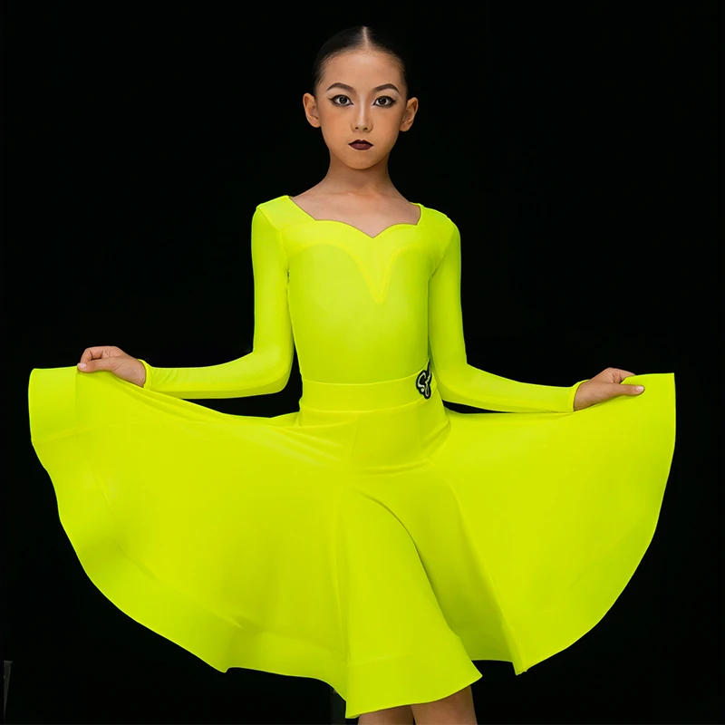 Kids Latin Dance Competition Dress Professional Dance Clothes For Girls Long Sleeves Dress Cha Cha Training Practice Wear V22069